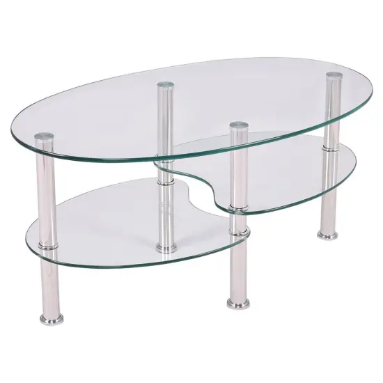 Modern Clear Tempered Glass Coffee Table with Oval Shape and Two Bottom Storage Shelves {1}