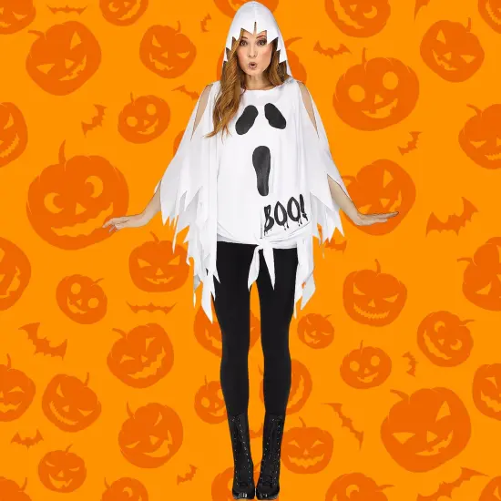 Ghost Print Adult Poncho Costume with Hood Over any Outfit {1}
