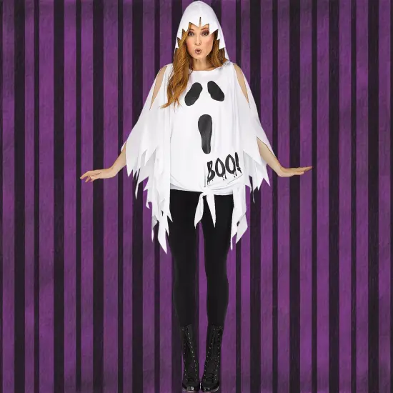 Ghost Print Adult Poncho Costume with Hood Over any Outfit {2}