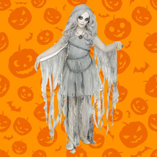 Girls Enchanted Ghost Gray Hooded Dress Costume with Chain Detail {2}