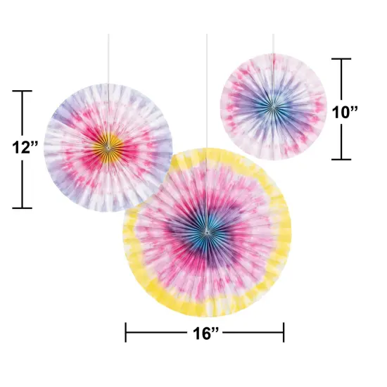 Tie Dye Party Paper Fan Decorations, 16", 12", 10" - 3ct {2}