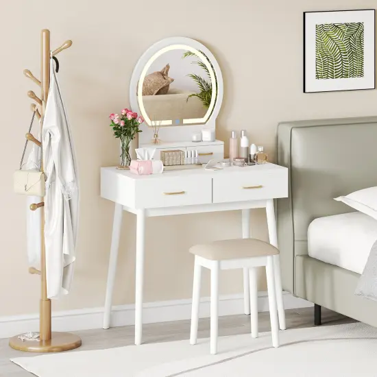 Wood MDF Vanity Table with LED Mirror, Storage Drawers and Stool White {6}