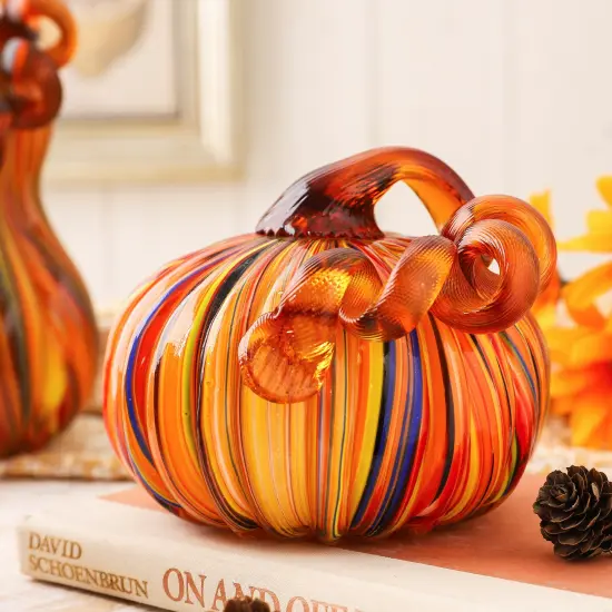 Set of 2/3 Handmade Mouthblown Multi Striped Glass Pumpkin & Gourd {3}