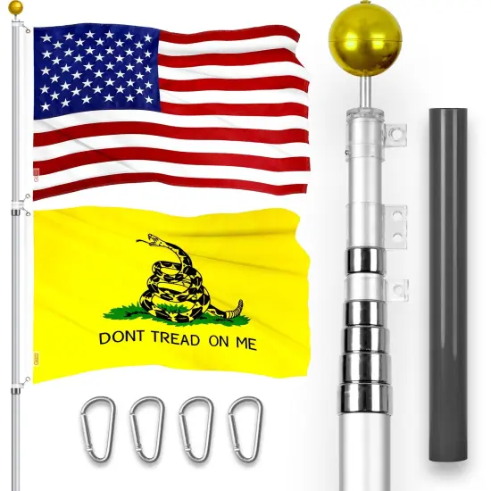 G128 Combo Pack: 20 Ft Telescoping Aluminum Flagpole (Silver) & American and Gadsden Flags 3x5 Ft, Both ToughWeave Series Embroidered Polyester | Pole with Flags Included {1}