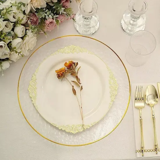 6 Clear 13 in Round Hammered Plastic CHARGER PLATES Gold Trim Party Decorations {4}