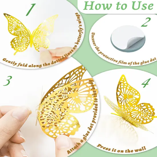 72Pcs 3D Butterfly Wall Decor, Gold Butterfly Fathers Day Decorations, 4 Styles 3 Sizes Removable Butterfly Room Decor Butterfly Wall Stickers for Birthday Party Garden Tea Cake Flower Decorations {2}