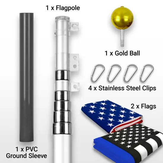 G128 Combo Pack: 20 Ft Telescoping Aluminum Flagpole (Silver) & American and Thin Blue Line Flags 3x5 Ft, Both ToughWeave Series Embroidered Polyester | Pole with Flags Included {2}