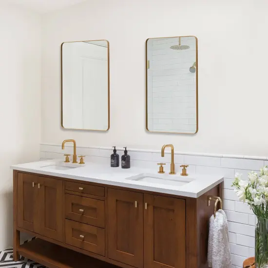 Basicwise Plastic Medicine Cabinet with Beveled Edge Mirror Door and Round Corner Metal Frame, Surface or Recessed Mount Options, Bathroom Wall Mounted Vanity Cabinet with 2 Adjustable Shelves Gold {3}