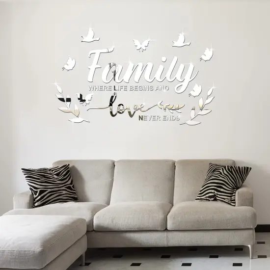 Mirror Family Wall Decor 3D Acrylic Wall Decal Stickers Family Letter Quotes Mirror Decor DIY Removable Wall Art Decals Motivational Butterfly Mural Stickers for Home Decor (Silver) {2}