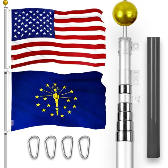 G128 Combo Pack: 20 Ft Telescoping Aluminum Flagpole (Silver) & American and Indiana Flags 3x5 Ft, Both ToughWeave Series Embroidered Polyester | Pole with Flags Included {1}