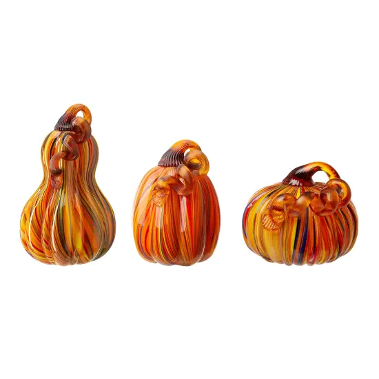 Set of 2/3 Handmade Mouthblown Multi Striped Glass Pumpkin & Gourd {5}