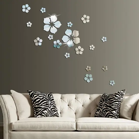 18pcs Acrylic Mirror Wall Sticker Decal for Home Living Room Bedroom Decor 3D Flower DIY Wall Decoration Silver {1}