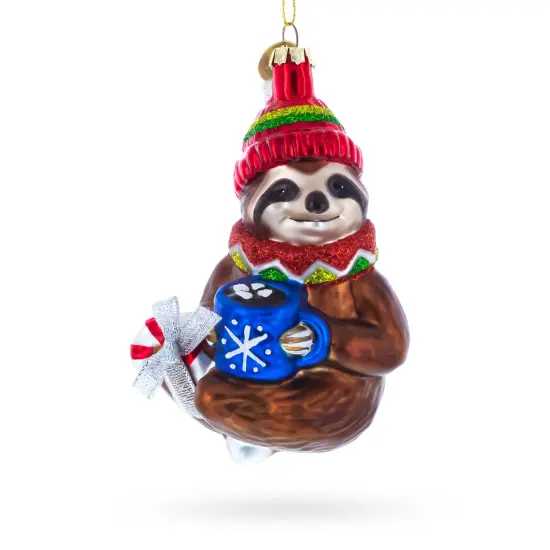 Sloth with Mug Glass Christmas Ornament {1}