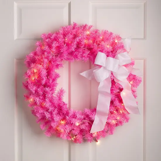 Northlight Pre-Lit Artificial Pine Christmas Wreath - 24" - Pink- Clear Lights {1}