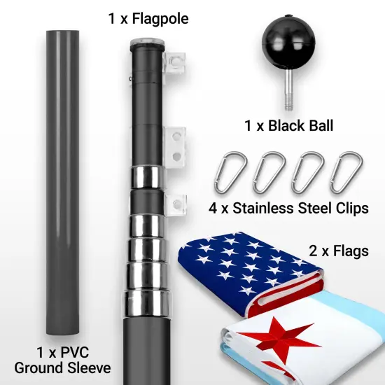 G128 Combo Pack: 25 Ft Telescoping Aluminum Flagpole (Black) & American and Chicago Flags 3x5 Ft, Both StormFlyer Series Embroidered 220GSM Spun Polyester | Pole with Flags Included {2}