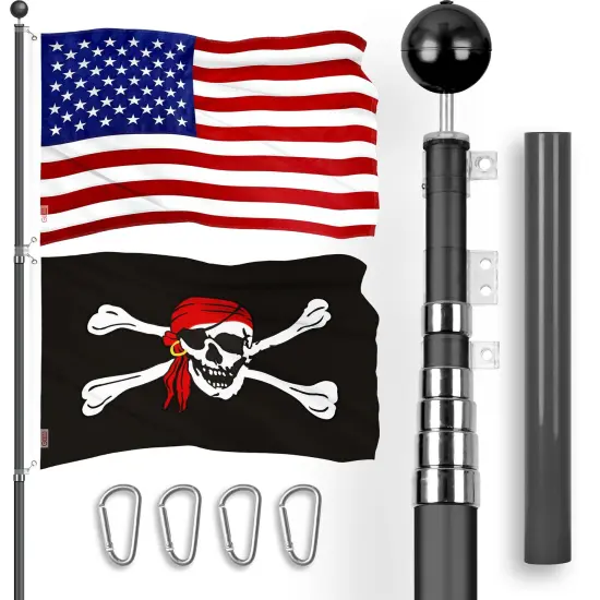 G128 Combo Pack: 20 Ft Telescoping Aluminum Flagpole (Black) & American and Pirate Jolly Roger Head Scarf Flags 3x5 Ft, Both ToughWeave Series Embroidered Polyester | Pole with Flags Included {1}