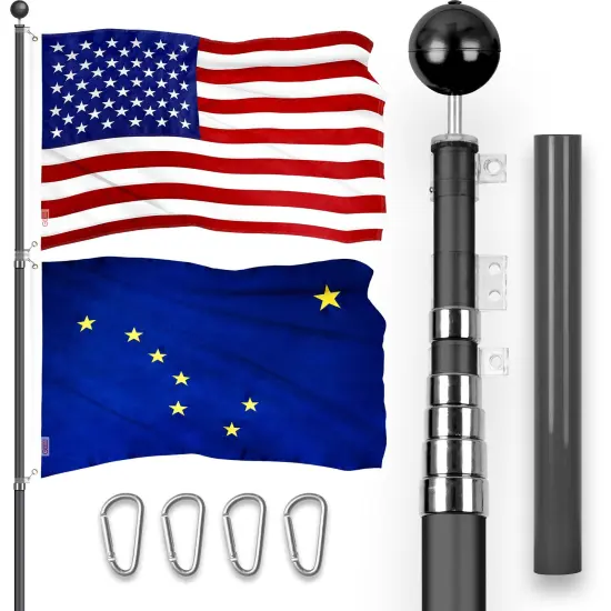 G128 Combo Pack: 20 Ft Telescoping Aluminum Flagpole (Black) & American and Alaska Flags 3x5 Ft, Both ToughWeave Series Embroidered Polyester | Pole with Flags Included {1}
