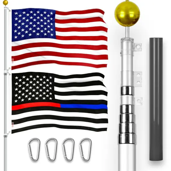 G128 Combo Pack: 20 Ft Telescoping Aluminum Flagpole (Silver) & American and Thin Blue Red Line Flags 3x5 Ft, Both ToughWeave Series Embroidered Polyester | Pole with Flags Included {1}