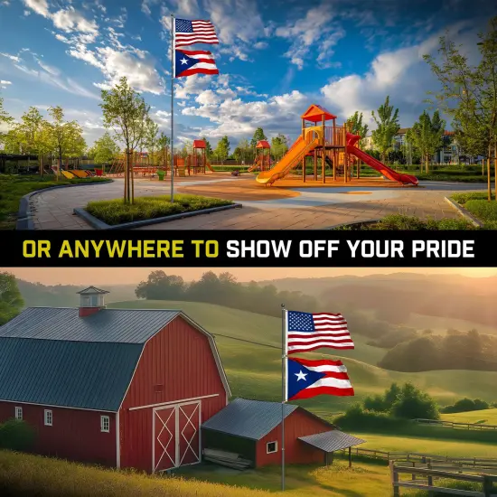 G128 Combo Pack: 25 Ft Telescoping Aluminum Flagpole (Black) & American and Puerto Rico Flags 3x5 Ft, Both StormFlyer Series Embroidered 220GSM Spun Polyester | Pole with Flags Included {6}