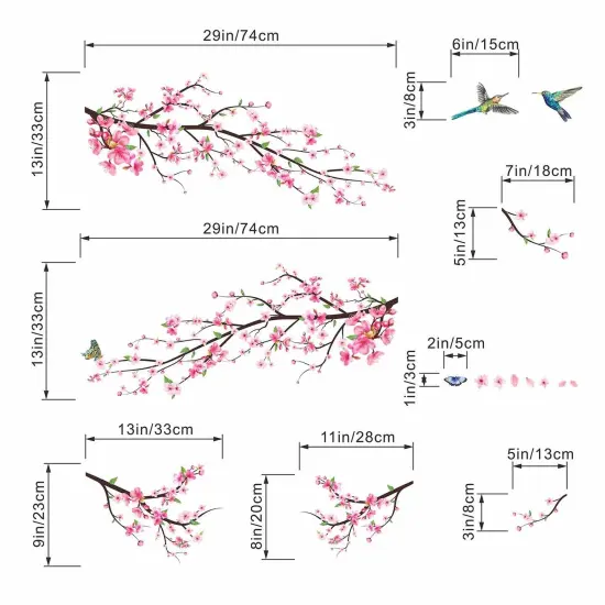 Amimagen Pink Watercolor Cherry Blossom Wall Stickers - Tree Branch Flower Birds Wall Decals - Bedroom Living Room Sofa TV Background Home Wall Decor {3}