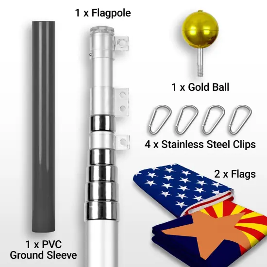 G128 Combo Pack: 20 Ft Telescoping Aluminum Flagpole (Silver) & American and Arizona Flags 3x5 Ft, Both ToughWeave Series Embroidered Polyester | Pole with Flags Included {2}