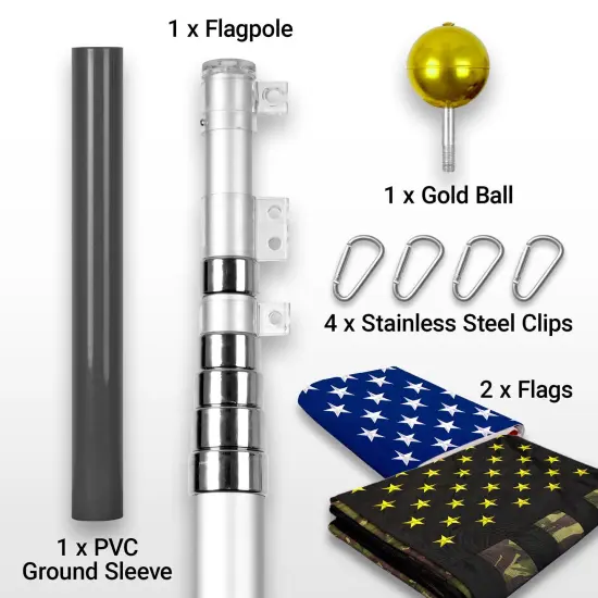 G128 Combo Pack: 20 Ft Telescoping Aluminum Flagpole (Silver) & American and USA Camouflage Flags 3x5 Ft, Both ToughWeave Series Embroidered Polyester | Pole with Flags Included {2}
