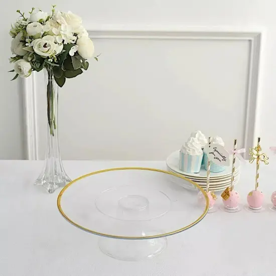 2 Clear 12 in Round Plastic CAKE STANDS Dessert Pedestal Gold Trim Party Events {4}