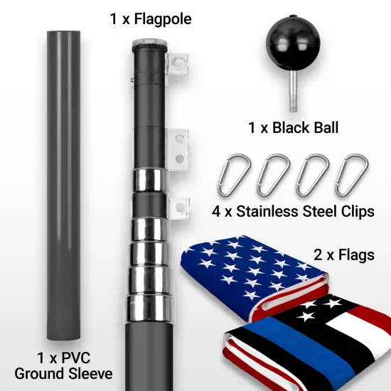 G128 Combo Pack: 25 Ft Telescoping Aluminum Flagpole (Black) & American and Blue Lives Matter Flags 3x5 Ft, Both StormFlyer Series Embroidered 220GSM Spun Polyester | Pole with Flags Included {2}