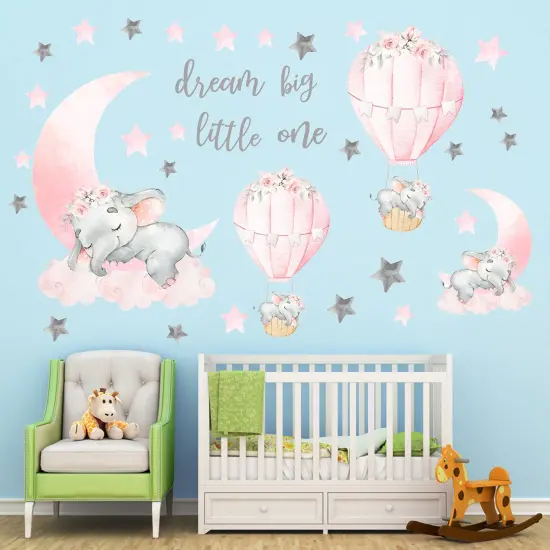Dream Big Little One Elephant Wall Stickers, Pink Moon Hot Air Balloon Grey Stars Wall Decals for Nursery Kids Room Living Room Bedroom Decorations Home Decor {5}
