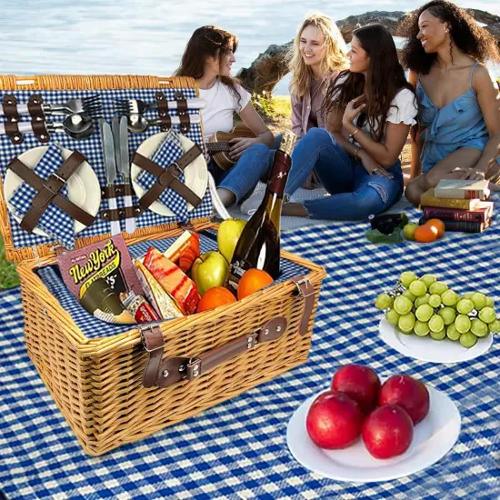 Picnic Basket Set, Wicker Basket with Handle for Outdoors, Insulated Woven Basket, Includes a Service Kit of Dinnerware & Wine Glasses, Picnic Basket Set for 4 with Blanket, Blue & White {3}