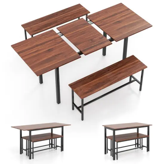 Modern Wooden 3 Piece Dining Table Set for 4-6 with 2 Benches &ndash; Sturdy, Space-Saving Design Walnut {8}