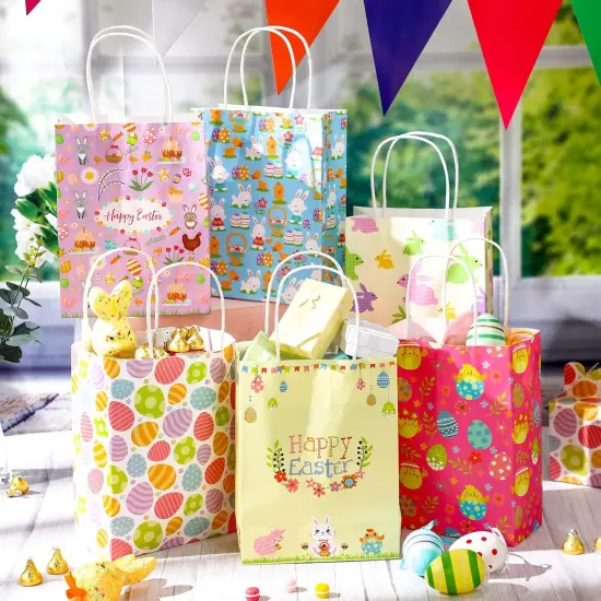 24 Pieces Easter Gift Bags Bulk, Easter Party Bags Supplies, Easter Paper Bags with Handles, Bunny Paper Cookie Candy Treat Goodie Bags for Easter Kids Boys Girls Birthday Party Favors Gift Wrapping {2}