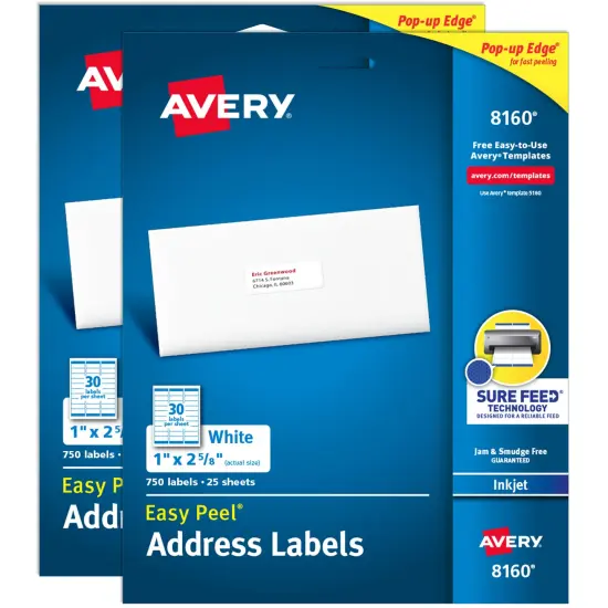 Avery Easy Peel Printable Address Labels with Sure Feed, 1" x 2-5/8" Customizable Stickers, White, 1,500 Blank Mailing Labels, Great for Mailing, Shipping, and More (2-Pack of 8160) {1}