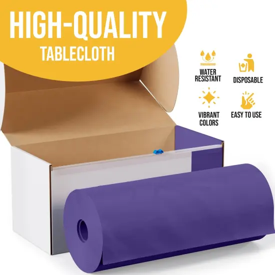 Exquisite Party Solids 54" x 100' Plastic Table Cover Roll with Slide Cutter &ndash; Cut-to-Size Dispenser Box &ndash; Makes Up to 36 Disposable 8' Rectangle Tablecloths Purple {4}