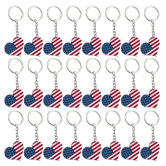 Juvale 24 Pack American Flag Keychain, 4th of July Party Favors, Celebration Essentials, Key Ring for Backpacks, Wallets, Lanyards, Independence Day Gifts, Patriotic Heart Keychain, 1.6 x 3.5 In Blue {1}