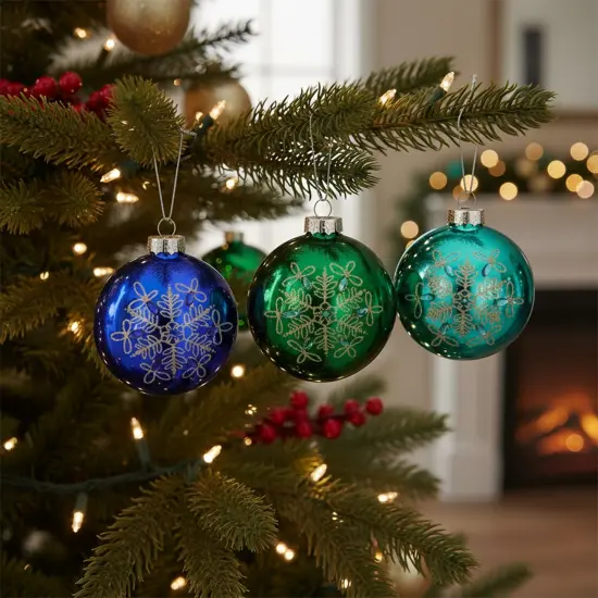 Northlight Snowflake Glass Disc Christmas Ornaments - 3.25" (82mm) - Blue and Green - Set of 3 {4}