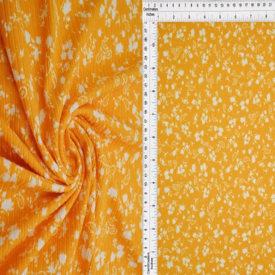 4&times;2 Yummy Rib Knit with Paisley Floral Print 58/60&Prime; Wide Soft Stretch Fabric YELLOW MANGO {1}