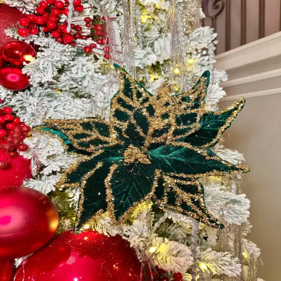 Green and Gold Glittered Poinsettia Christmas Flower Stem Spray 13'' Set of 3 {1}