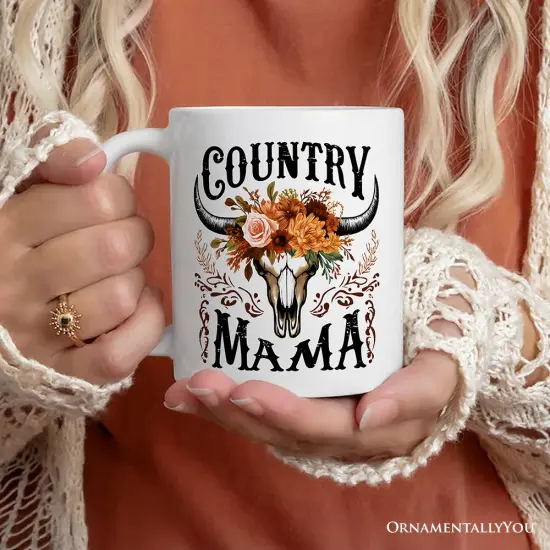 Country Mama Floral Vintage Mug, Western Buffalo Skull Gift for Moms {4}