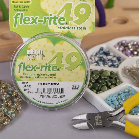 The Beadsmith Flex-Rite Beading Wire - Stainless Steel Micro Flexible Wire, 49 Strand, Pearl Silver, .014" Diameter, 30-Foot Spool, Nylon Coated {4}
