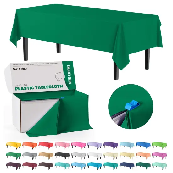  Party Solids 54" x 300' Plastic Table Cover Roll with Slide Cutter &ndash; Cut-to-Size Dispenser Box &ndash; Makes Up to 36 Disposable 8' Rectangle Tablecloths by Exquisite Emerald Green {1}