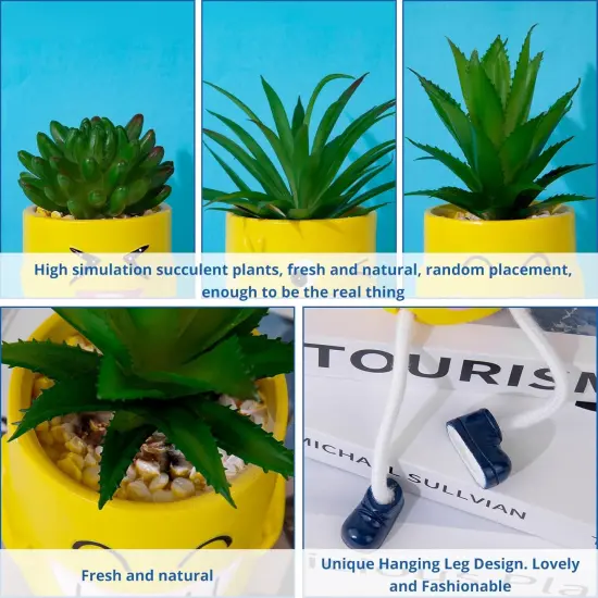 3Pcs Fake Plant Faux Succulents Cute Hanging Leg Potted, Creative Artificial Succulent Plants with Pots, Mini Vibrant Yellow Potted Succulents for Home/Office/Shelf Decor {2}