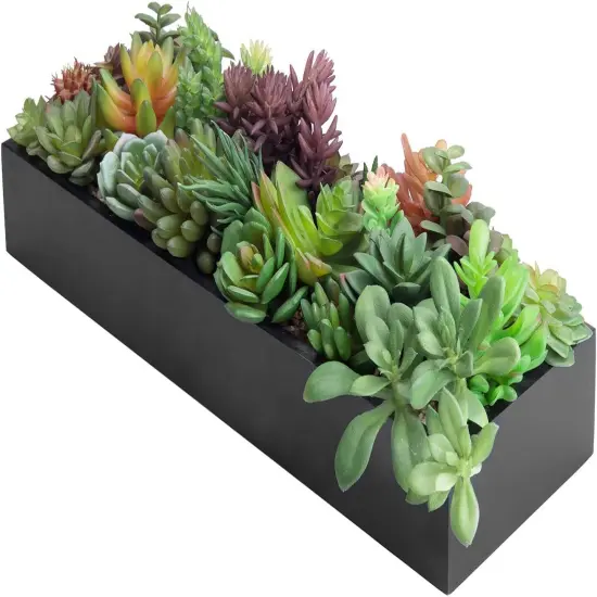 Artificial Succulent Centerpiece,15.75 Inch Faux Succulents Arrangement Plants in Sleek Black Wooden Rectangular Planter Box {2}