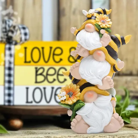 Summer Bee Gnome Decorations Indoor Home Table Decor Cute Stacked Bee Gnome Figurines Gifts -Swedish Dwarf Elf Figurines Summer Garden Honey Bees Gnomes Decorations {3}