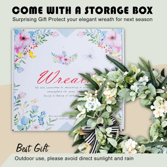 Lambs Ear Wreaths for Front Door Year Round, 20 Inch Green Artificial Wreath for Spring Summer Farmhouse Porch Indoor Outdoor Decor {4}