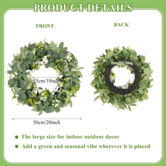 20 Inch Eucalyptus Wreath for Front Door, Spring Green Leaf Door Wreaths Farmhouse with Boxwood Willow Leaves Berries for All Seasons Window Wall Wedding Indoor Outdoor Decor {2}