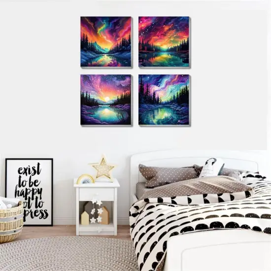4 Pack Landscape Paint by Number for Adults Framed Canvas, DIY Aurora Arts and Crafts for Adults Beginner with Paint Brushes, Acrylic Paint Set for Home Wall Decor, 8 * 8 Inch {4}