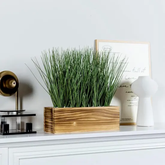 Artificial Grass Plants in Rustic Burnt Solid Wood Planter Box, 12 Inch Decorative Wooden Container with Faux Greenery Plant, Indoor Table Decor {3}