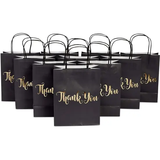 24 Pack Medium Black Thank You Party Favor Paper Goodie Gift Bags with Handles, Gold Foil {4}