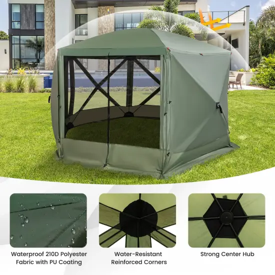 Costway 11.5 X 11.5 FT 6-Sided Pop-up Screen House Tent With 2 Wind Panels for Camping Coffee/Green {6}